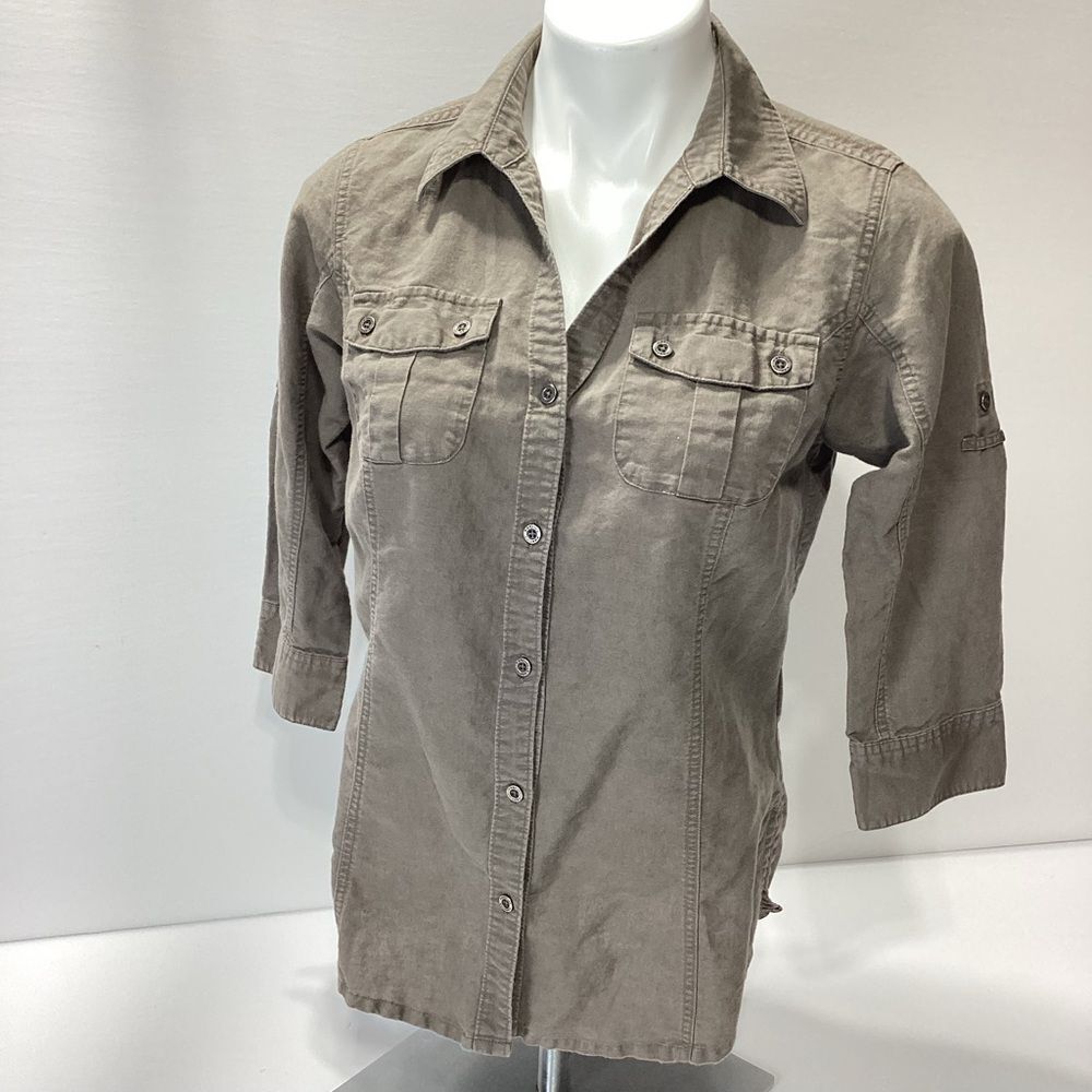 Columbia Linen Button Up Shirt Size S Taupe Brown Gray Safari Roll Tab Sleeve